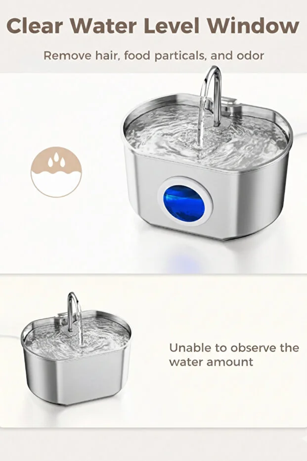 2.2 L Su Seviyesi Göstergeli Paslanmaz Çelik Kedi Köpek İçin Su Pınarı